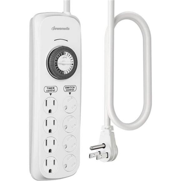 Mechanical Timer Power Strip with 8 Outlets, Flat Plug, 6ft Long Cord - Picture 1 of 6
